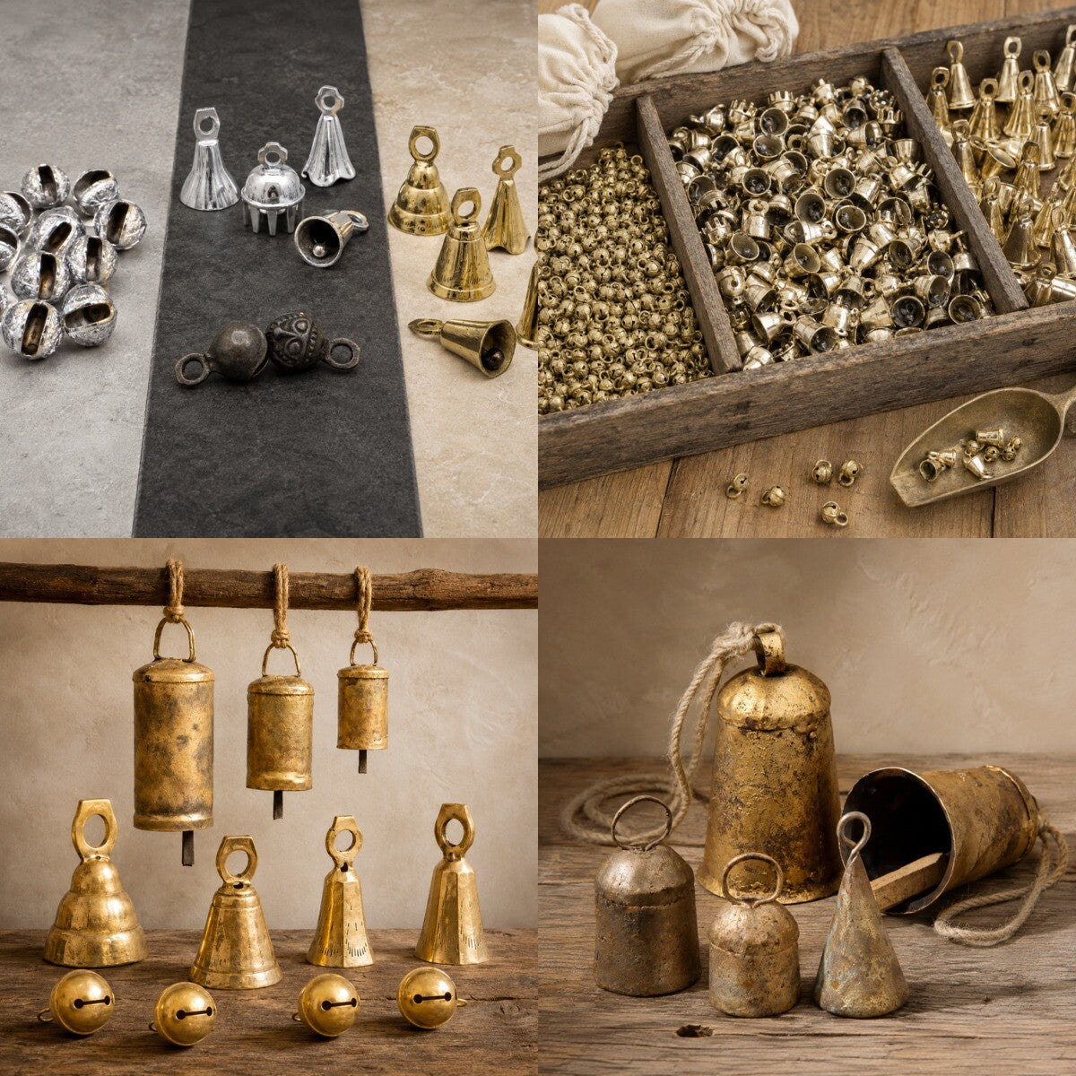 Collage of small brass bells, silver bells, tinbells and tin bells with rounded top