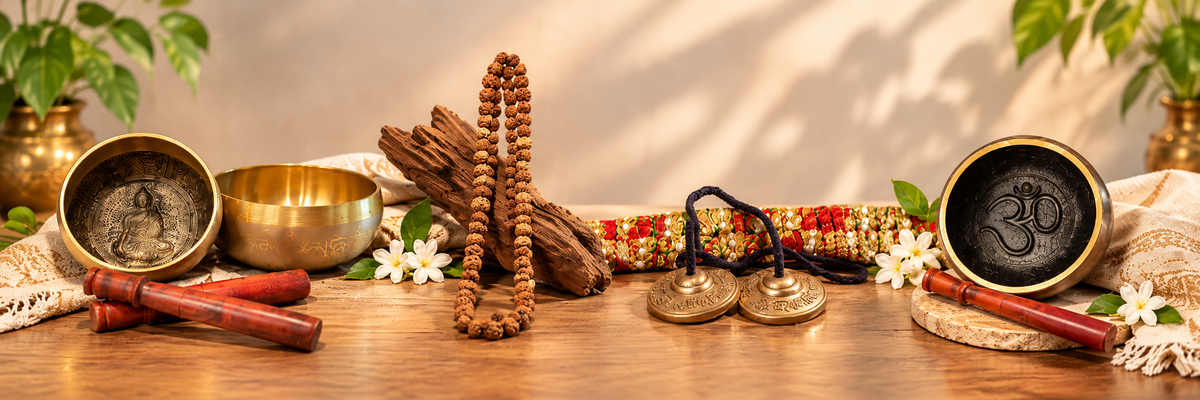 Meditation collection featuring singing bowls, tingshas, gongs and spiritual items