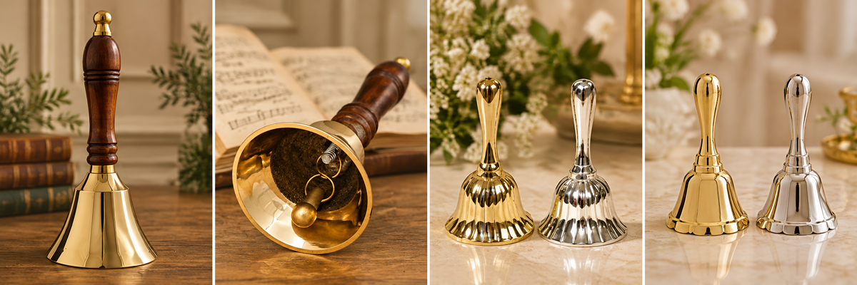 Assorted brass handbells in traditional shapes and polished finishes