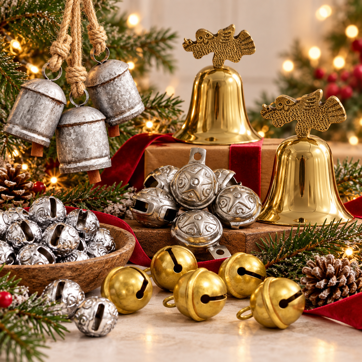 Christmas bells and holiday decor with brass bells, rustic tin bells and festive greenery