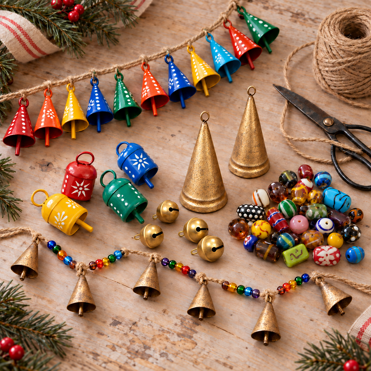 Painted tin bells, brass sleigh bells, cone bells, glass beads and bell strands with scissors and twine on a Christmas craft table