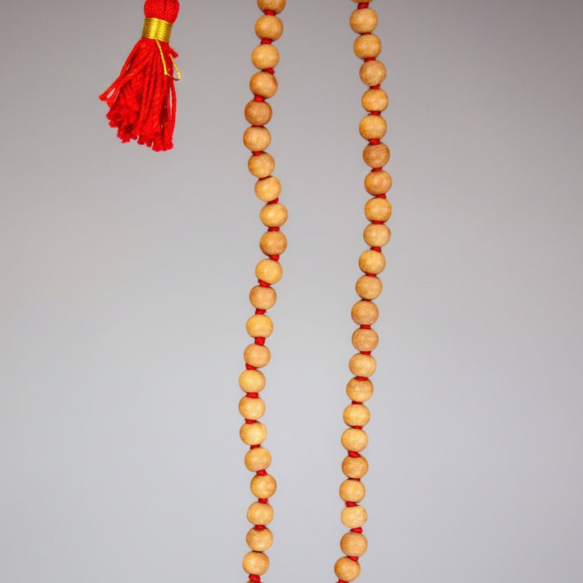 108 Bead Sandalwood Mala 6mm with Red Tassel - Prayer Beads - Bell Bazaar