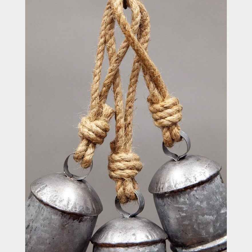 Three Rustic Silver Tin Bells with Wooden Clapper and Jute Hanging Cord