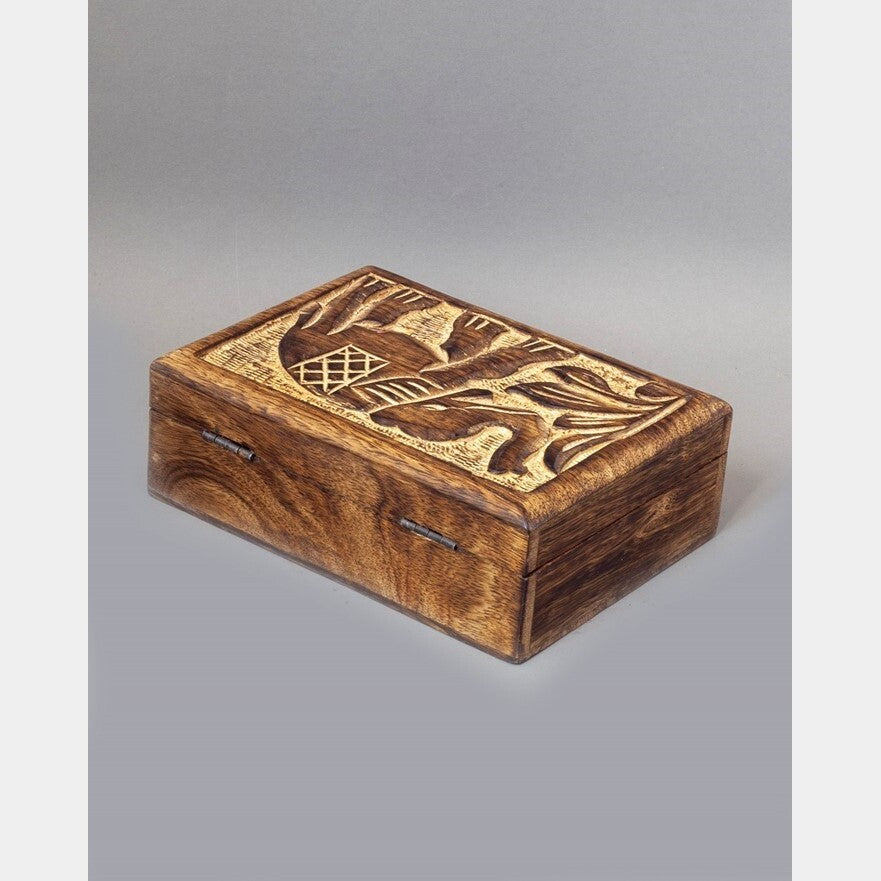 5x7 carved elephant wood box for jewelry and small keepsakes