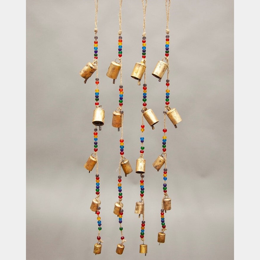 7-Chakra jute chime with hanging tin bells and rainbow glass beads