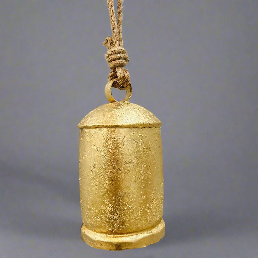 8 - Inch Gold Tin Bell with Metal Striker and Rope Cord – 10oz - Decorative Bells - Bellbazaar.com - TL090