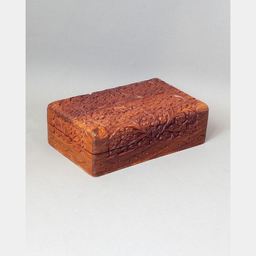 5x8 carved wood keepsake box with traditional Kashmiri floral detail