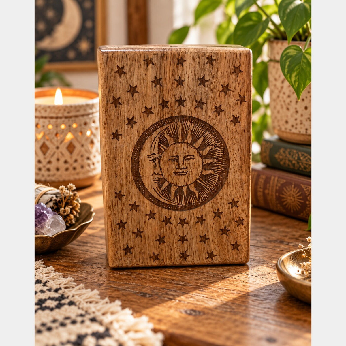 Front view of a mango wood box lid with sun and crescent moon faces surrounded by stars