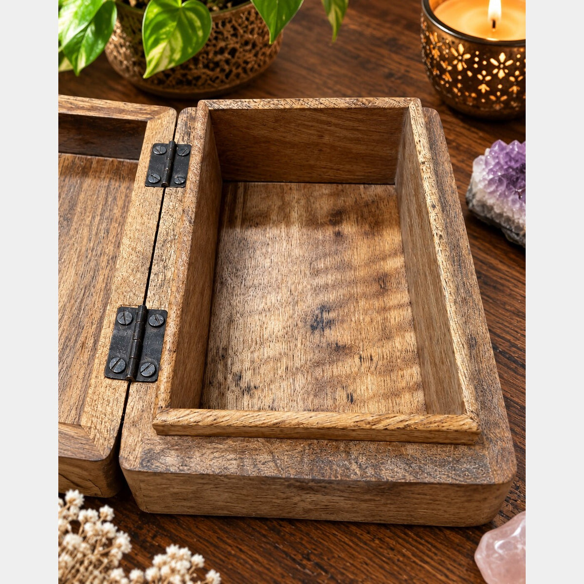 Open celestial mango wood keepsake box showing its wooden interior and two metal hinges