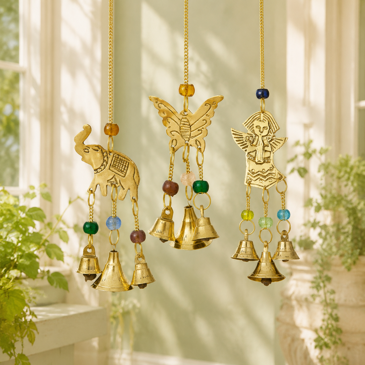 Small Brass Chimes with Three Bells and Glass Beads