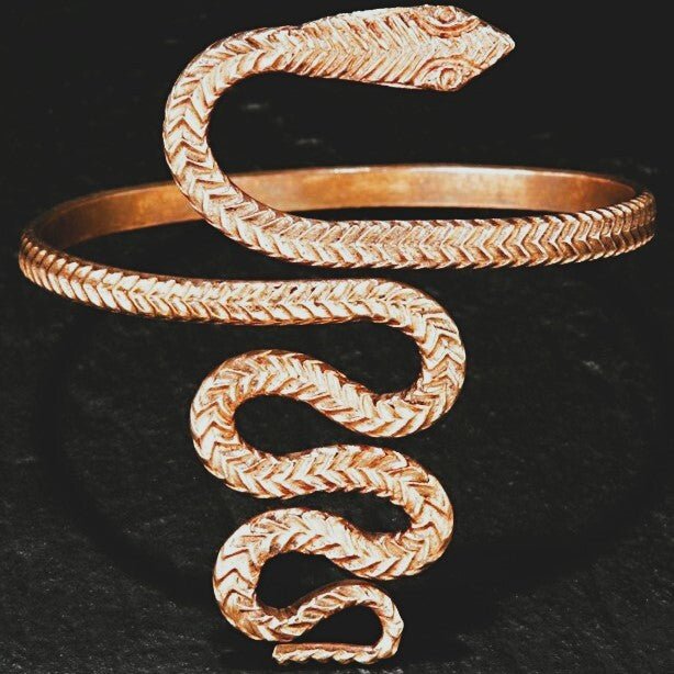 Bold Statement Snake Arm Bracelet with Large Coiled Tail Charm - Apparel & Accessories > Jewelry > Bracelets - Bellbazaar.com