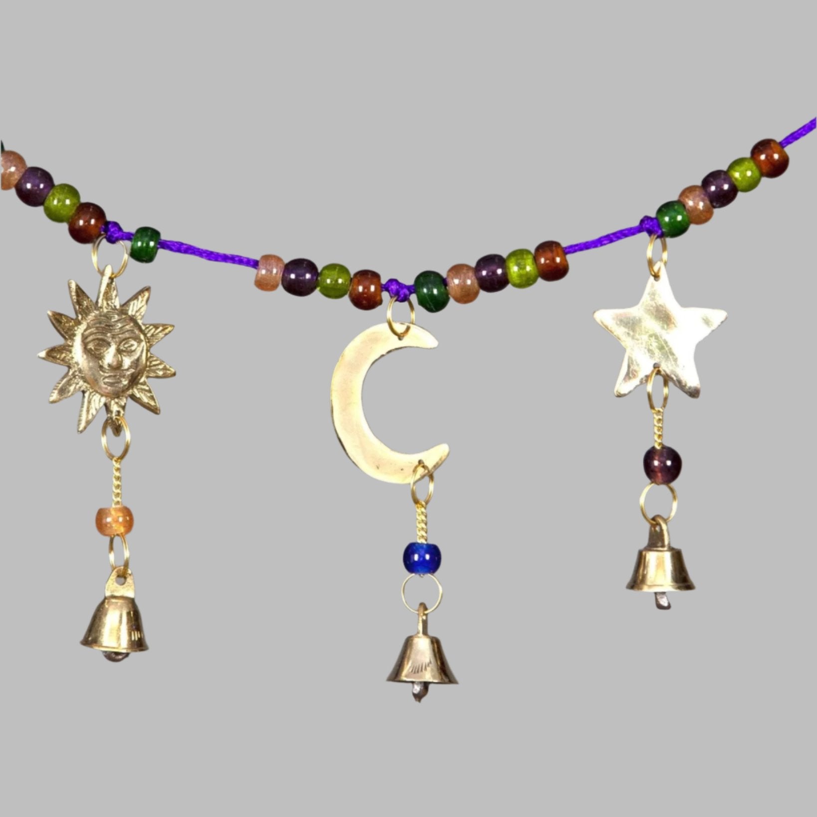 Brass Chime on Cord with Sun - Moon - Star and Glass Beads - Decorative Bells - Bellbazaar.com - BS014