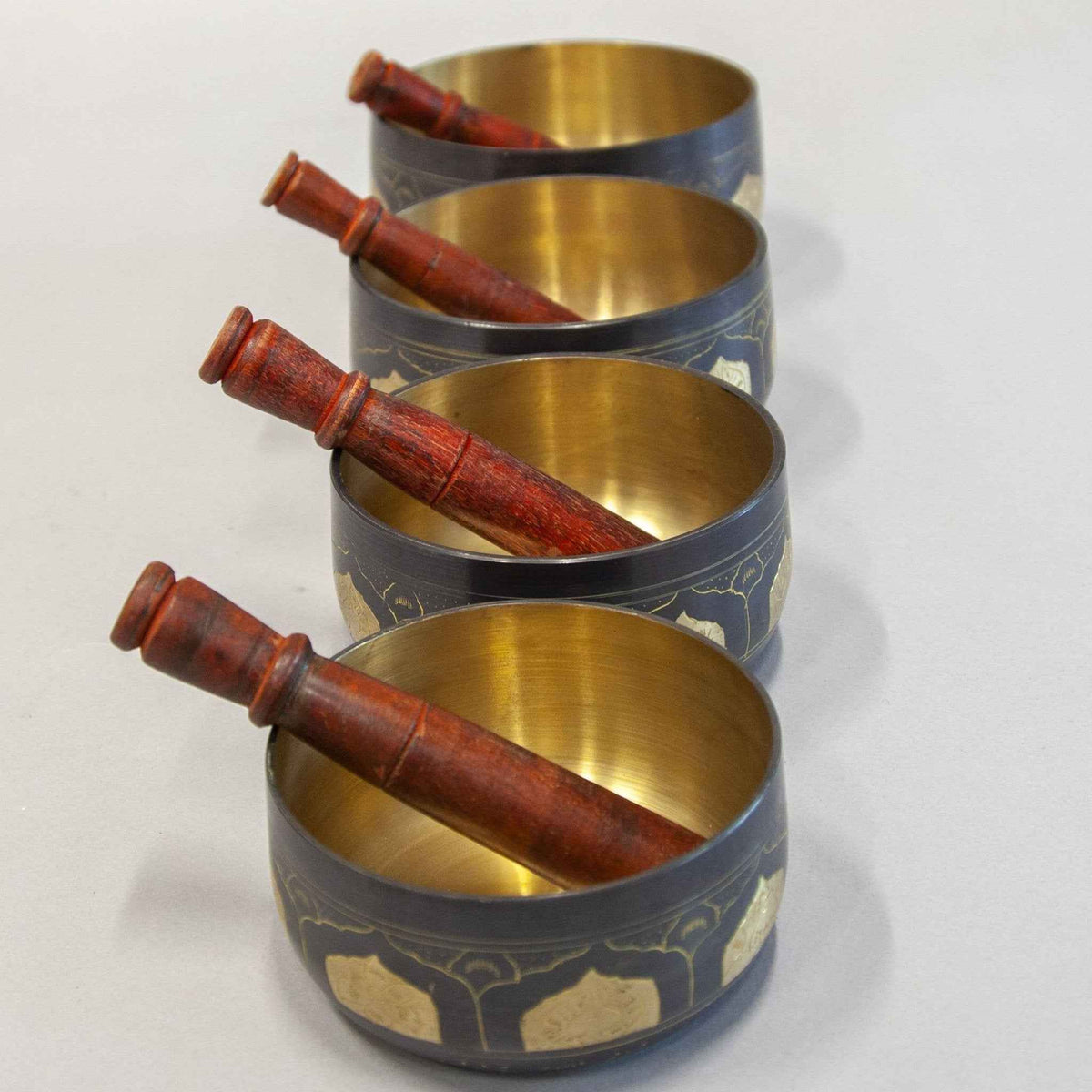 Seven-Metals Singing Bowls with Mallets - Set of Four