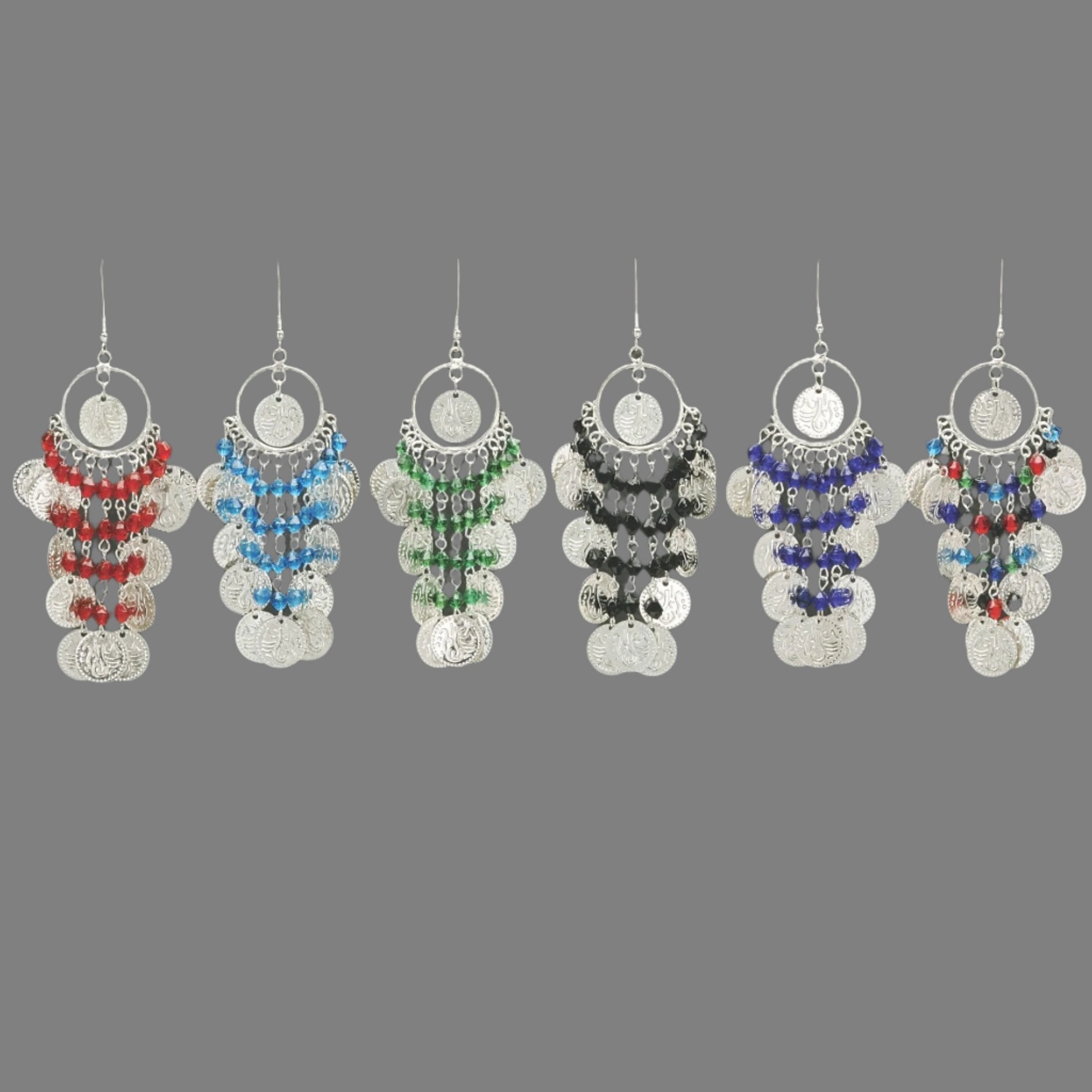 Chic Single Hoop White Metal Earring with Dangling Beads and Coins - Apparel & Accessories > Jewelry > Earrings