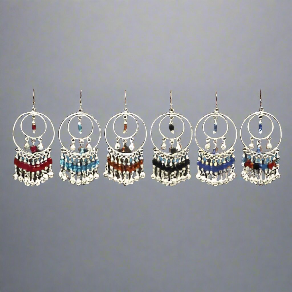 Double Hoop White Metal Earrings with Bells & Beads - Stylish & Vibrant Accessory - Apparel & Accessories > Jewelry > Earring