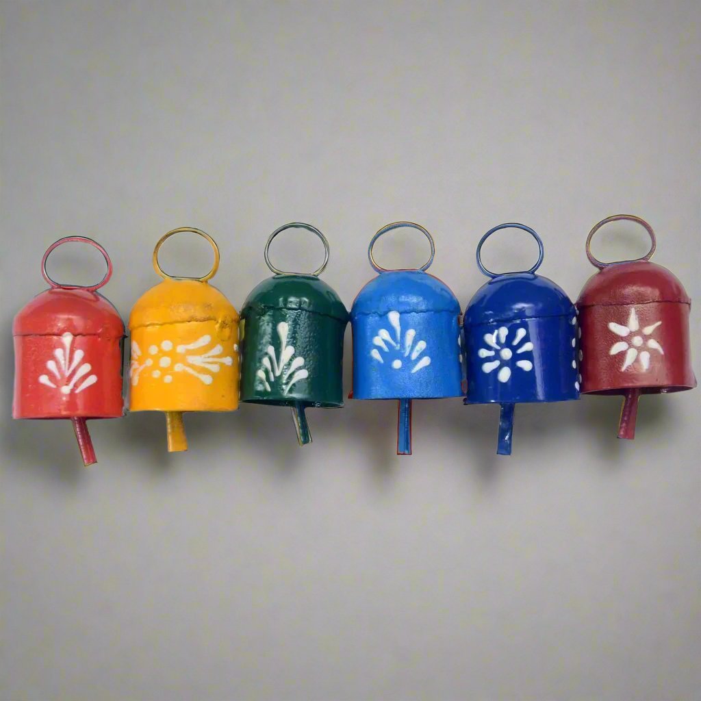 Dozen Assorted 2" H Hand - Painted Tin Bells (Six Colors) - Decorative Bells - Bellbazaar.com - TL080