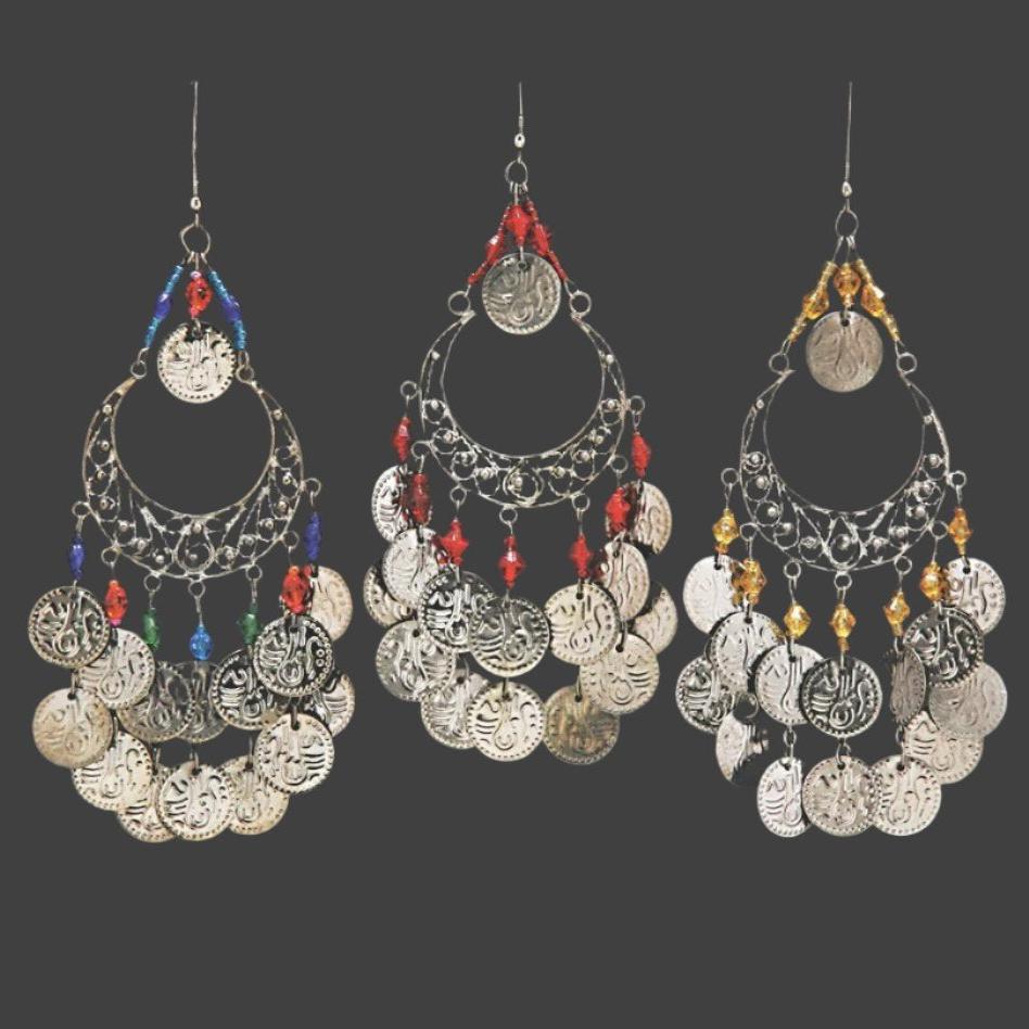 Enchanting Moon - Shaped Hoop Earrings with Intricate Design, Dangling Beads, and Coins - Apparel & Accessories > Jewelry