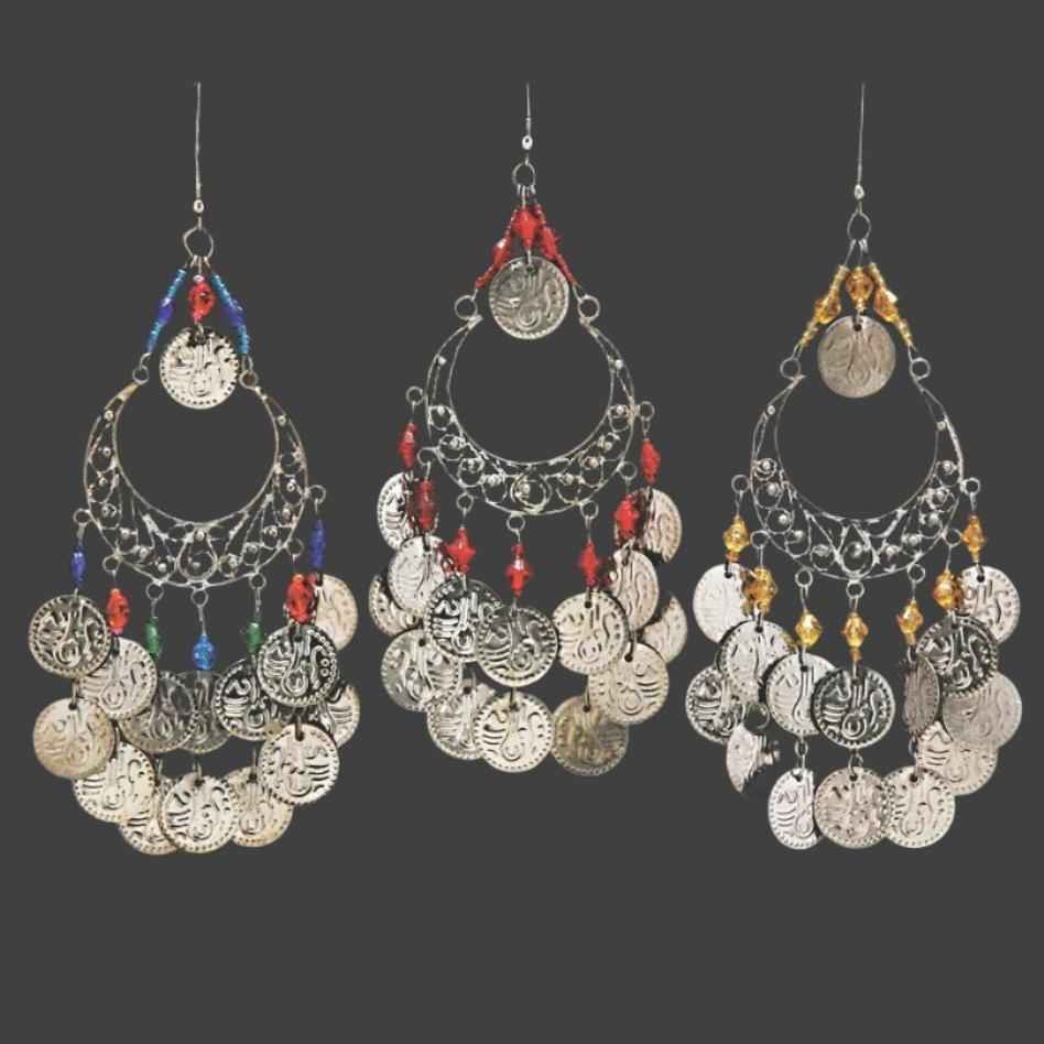 Enchanting Moon-Shaped Hoop Earrings with Intricate Design, Dangling Beads, and Coins