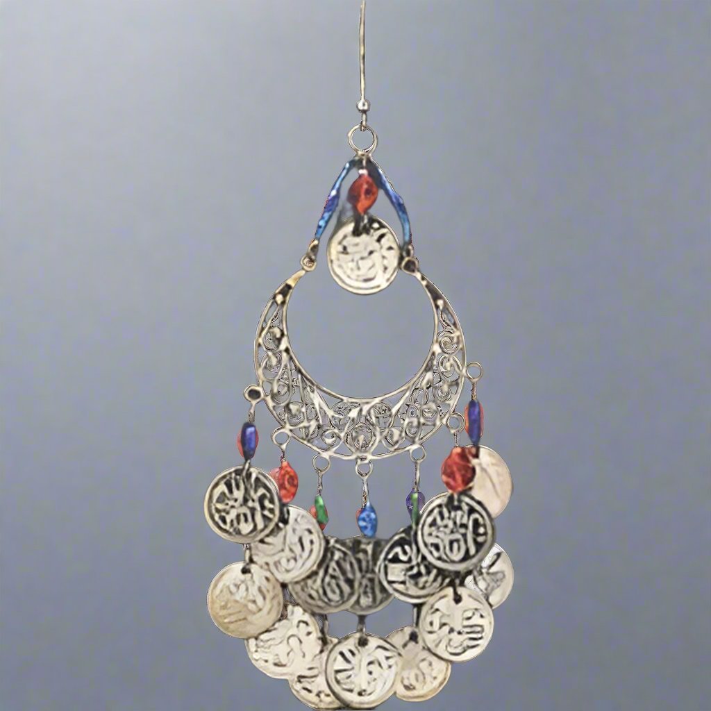 Enchanting Moon - Shaped Hoop Earrings with Intricate Design, Dangling Beads, and Coins - Apparel & Accessories > Jewelry