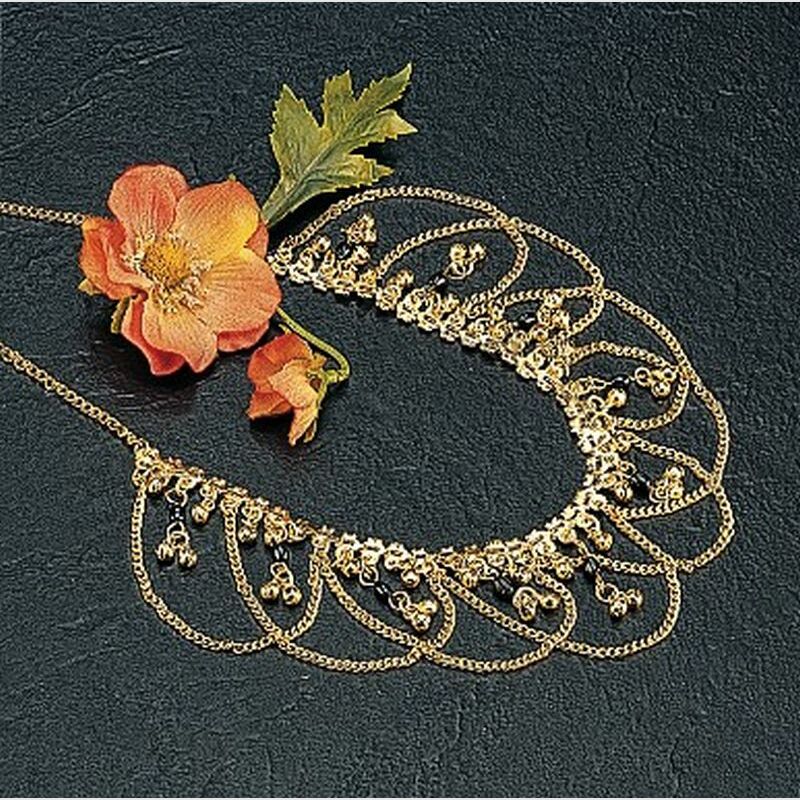 Gold Necklace with Black Beads, Bell Clusters & Overlapping Chain Loops - Bohemian Flair - Apparel & Accessories > Jewelry