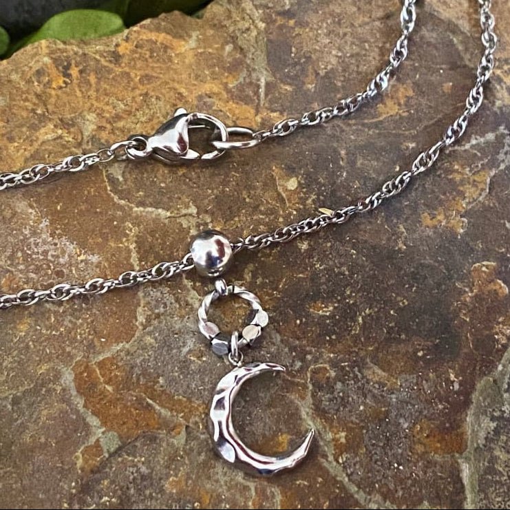 Hammered Moon Pendant Necklace, Rope Chain - Bell Bazaar