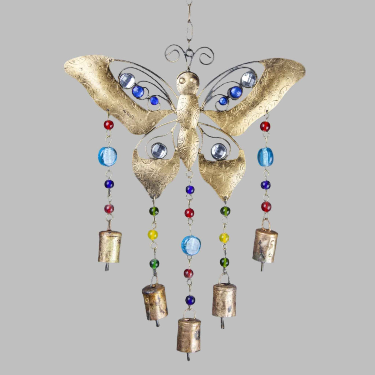 Iron Butterfly Glass Bead & Tin Bell Wind Chime