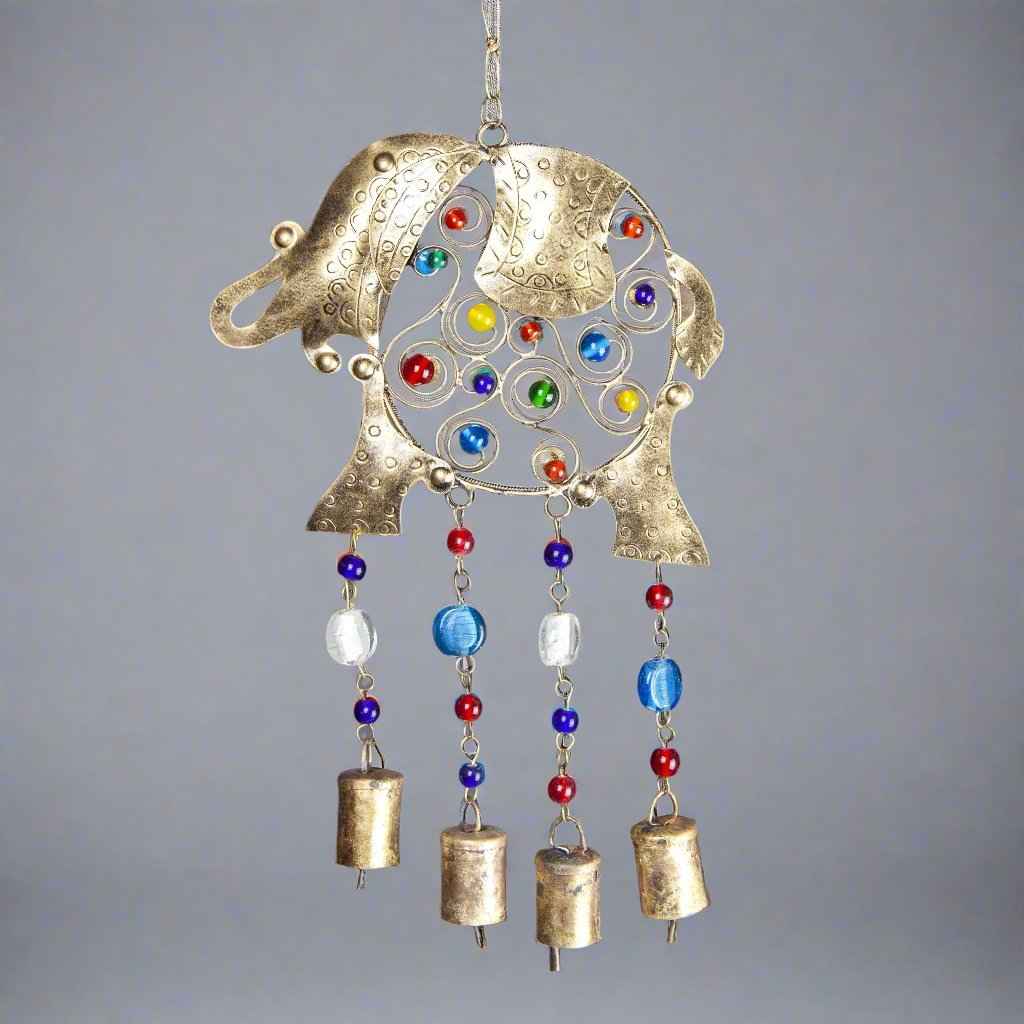 Iron Elephant Glass Bead & Tin Bell Wind Chime