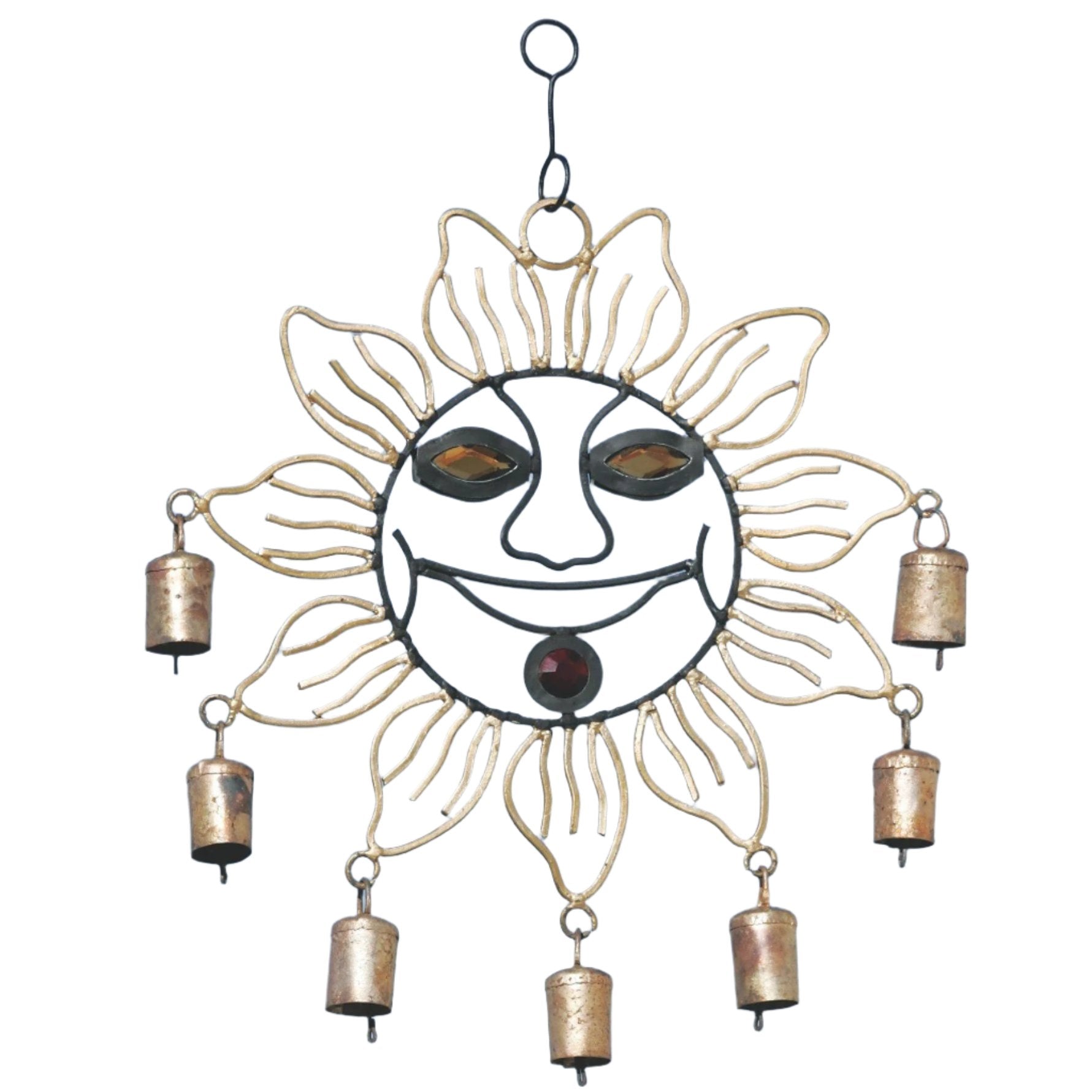 Iron Sun Glass & Seven Tin Bell Wind Chime - Decorative Bells - Bellbazaar.com - TS154