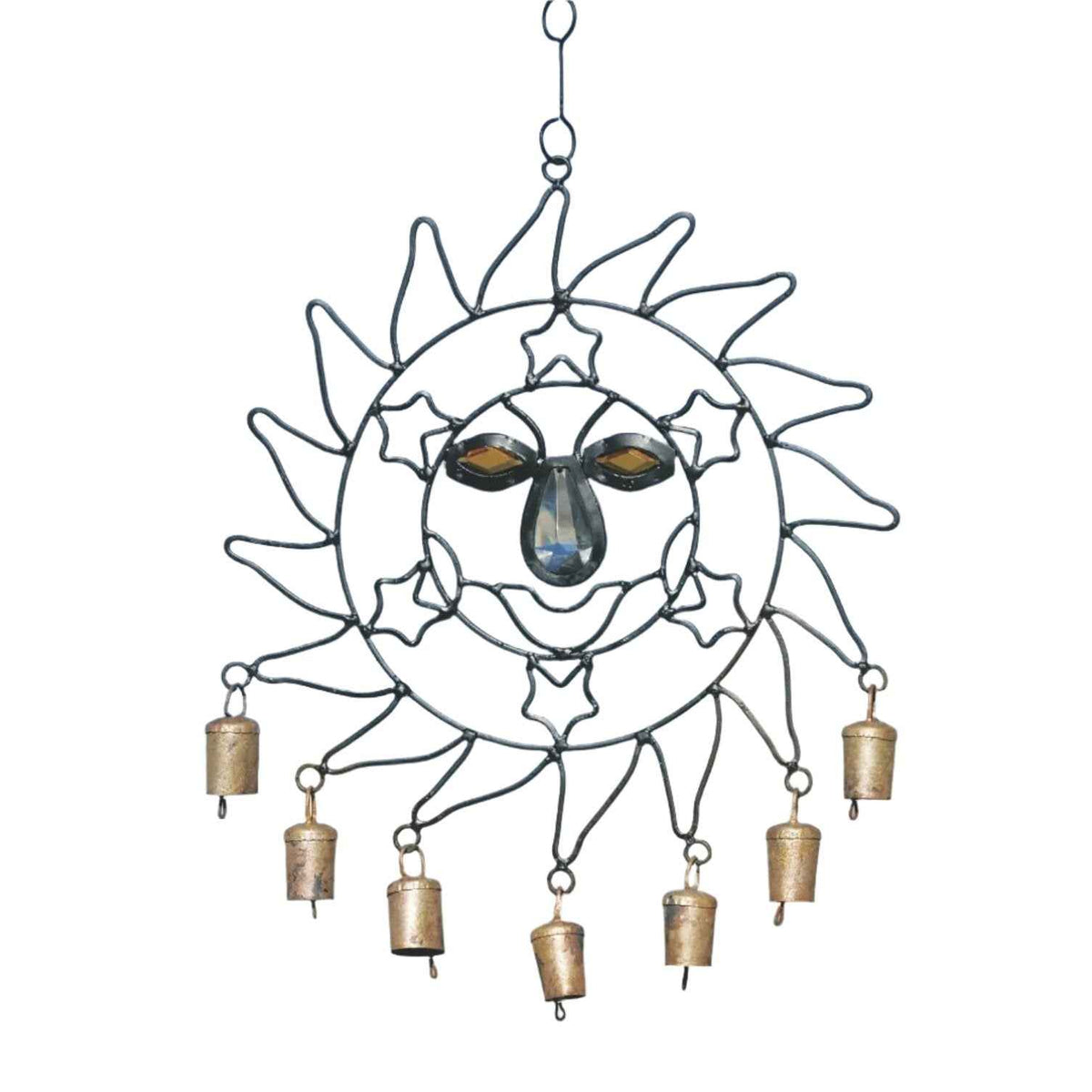 Iron Sun Wind Chime with Glass Accents and 7 Tin Bells