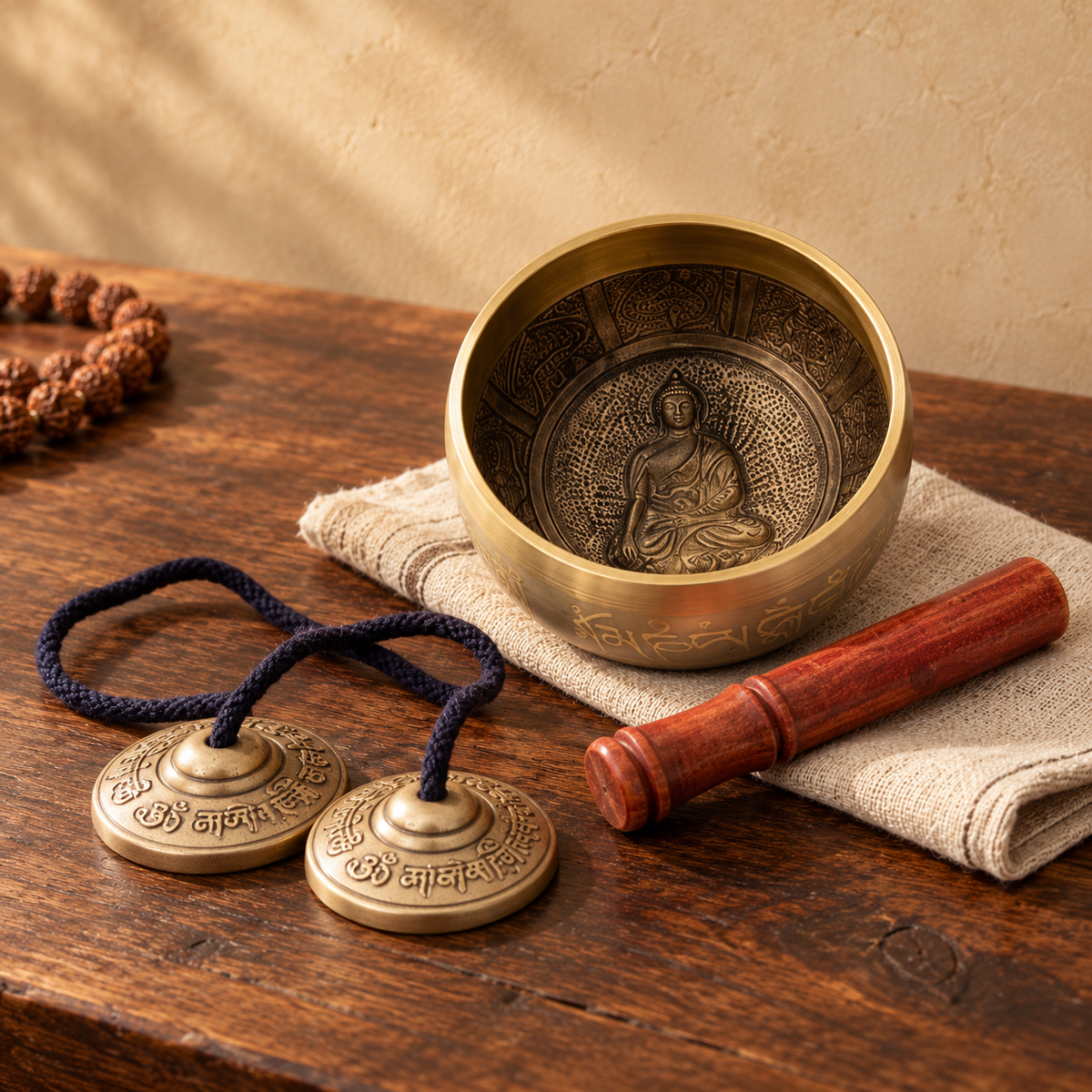 Brass singing bowl, wooden striker and tingsha cymbals on a warm wooden tabletop
