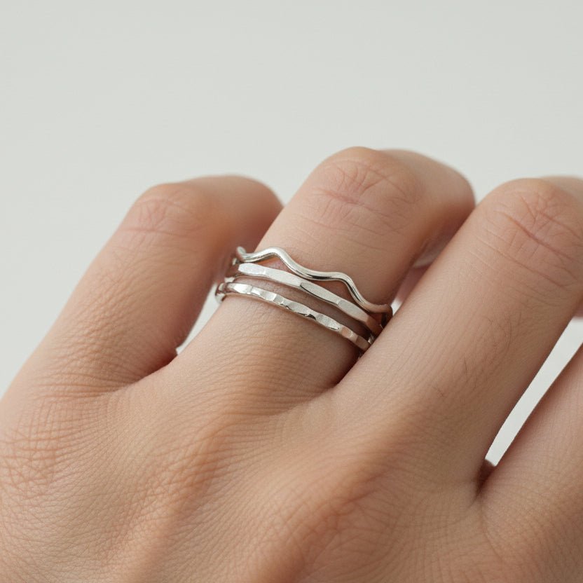Minimal Stacking Ring Set, 3 Piece, Bamboo Wave Hammered - Apparel & Accessories > Jewelry > Rings - Bell Bazaar
