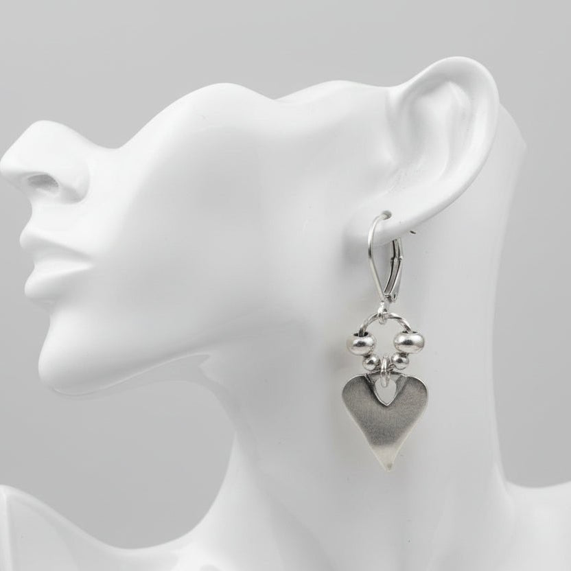 Pewter Heart Drop Earrings, Leverback - Apparel & Accessories > Jewelry > Earrings - Bell Bazaar