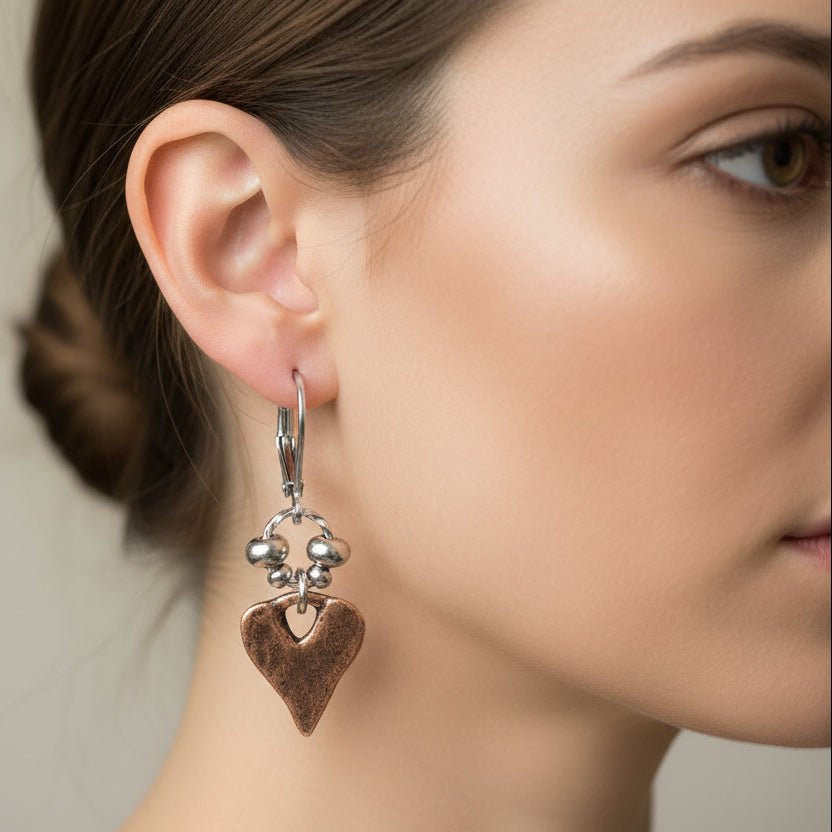 Pewter Heart Drop Earrings, Leverback - Apparel & Accessories > Jewelry > Earrings - Bell Bazaar