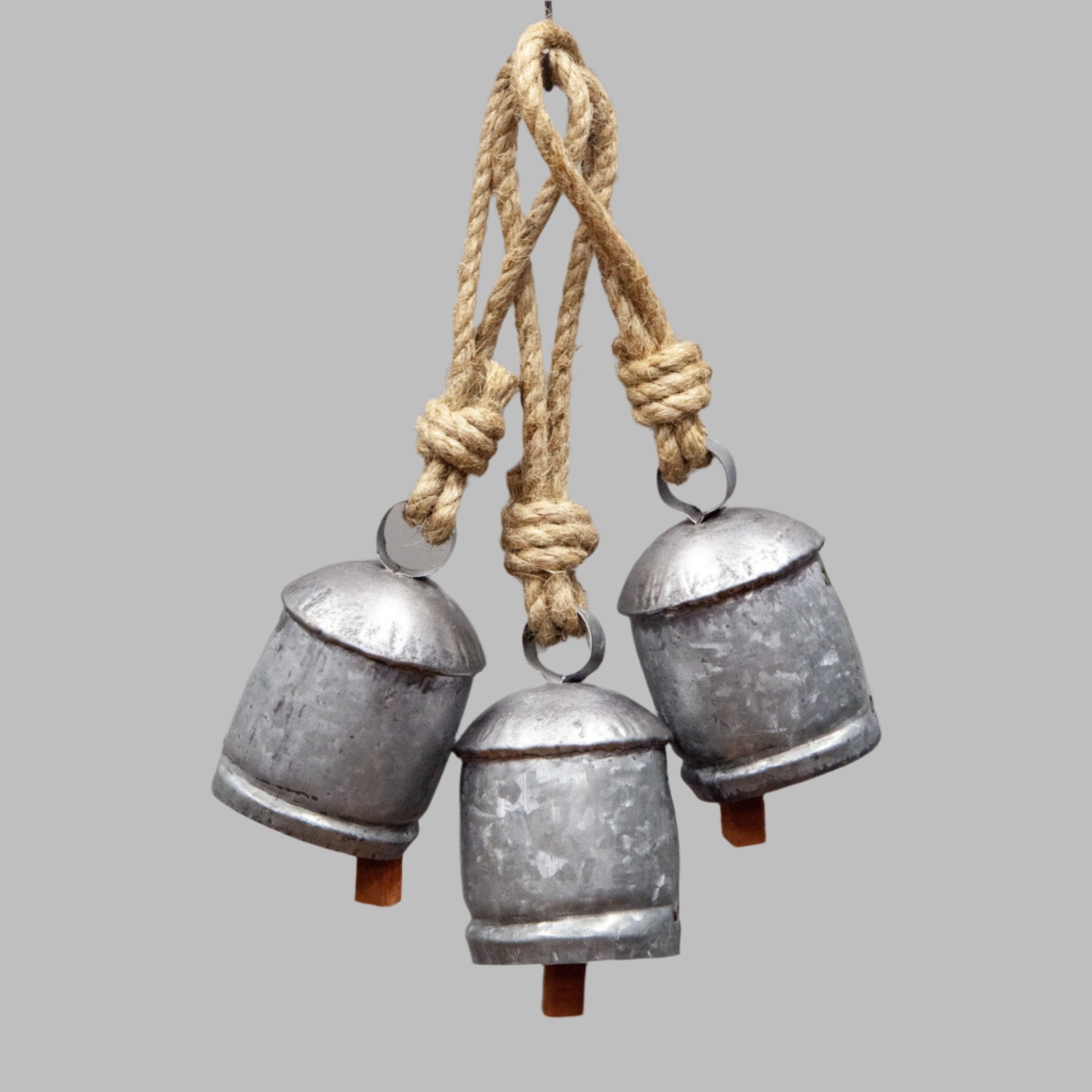 Rustic Silver Tin Bell with Wooden Clapper and Jute Hanging Cord - Decorative Bells - Bellbazaar.com - TL073