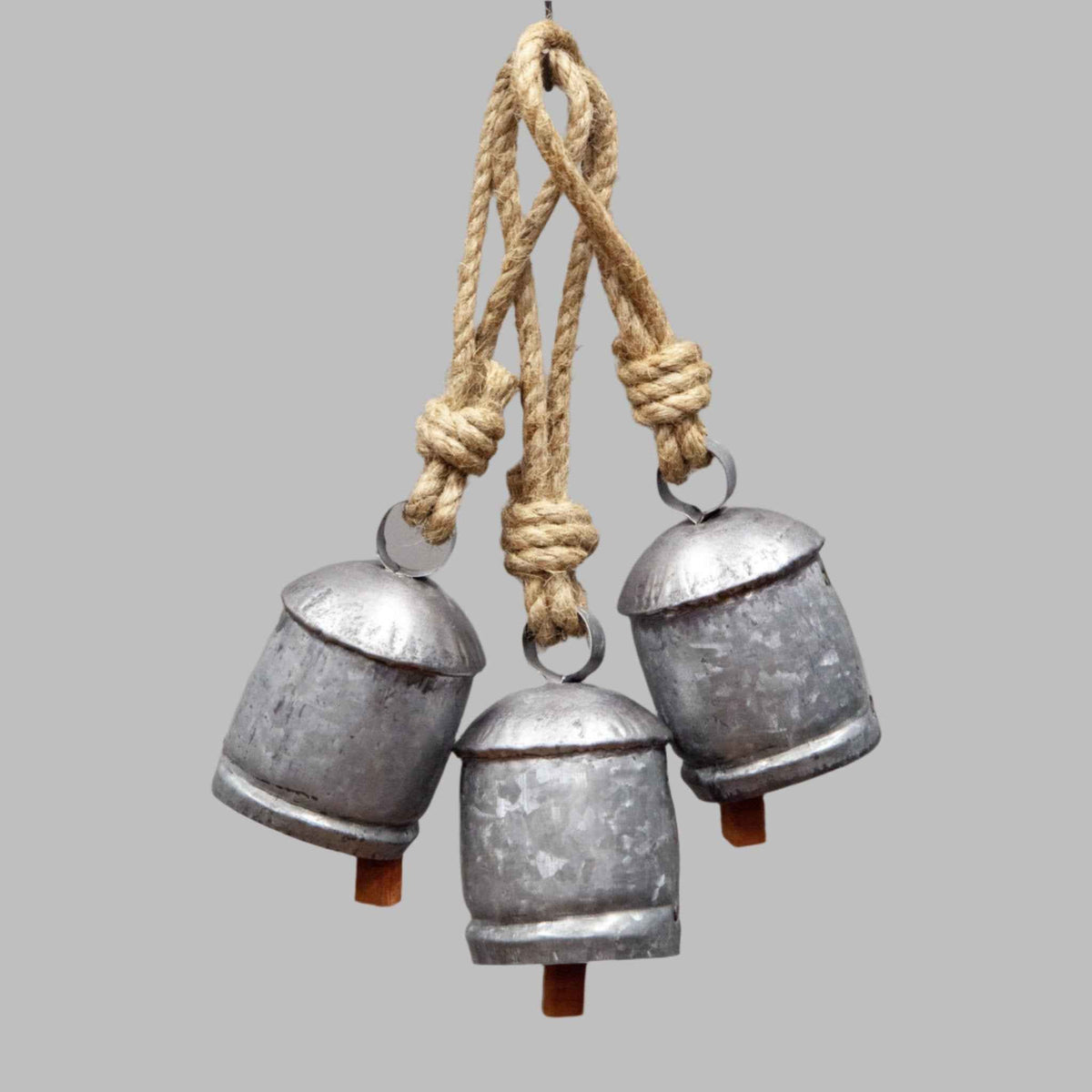 Three Rustic Silver Tin Bells with Wooden Clapper and Jute Hanging Cord