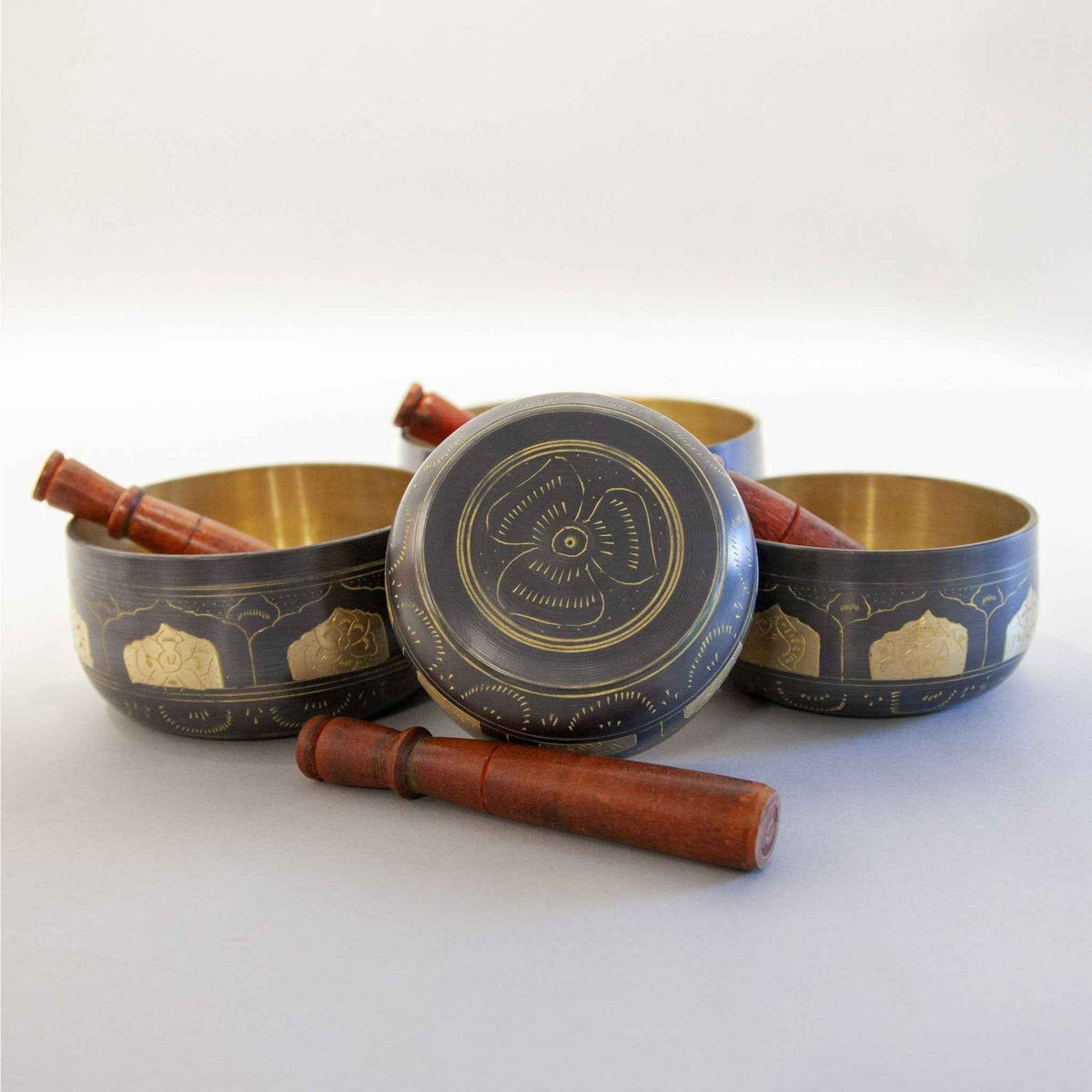 Seven-Metals Singing Bowls with Mallets - Set of Four