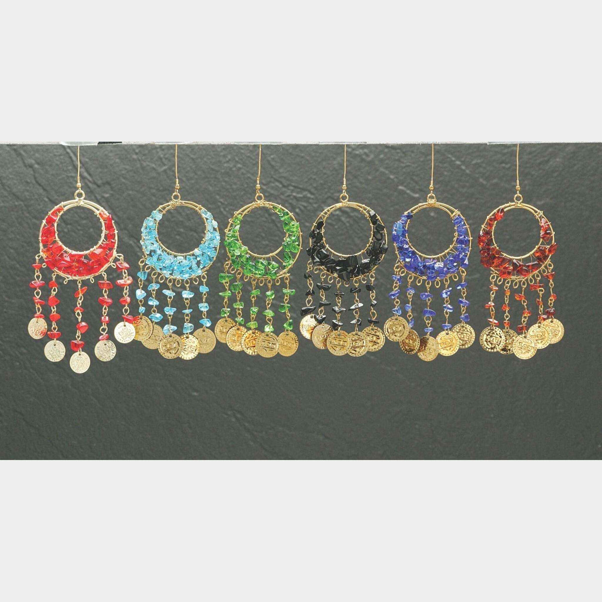 Stylish Double Hoop Metal Earrings with Rough-Cut Colored Beads & Dangling Coin Accents - Eclectic & Chic Design
