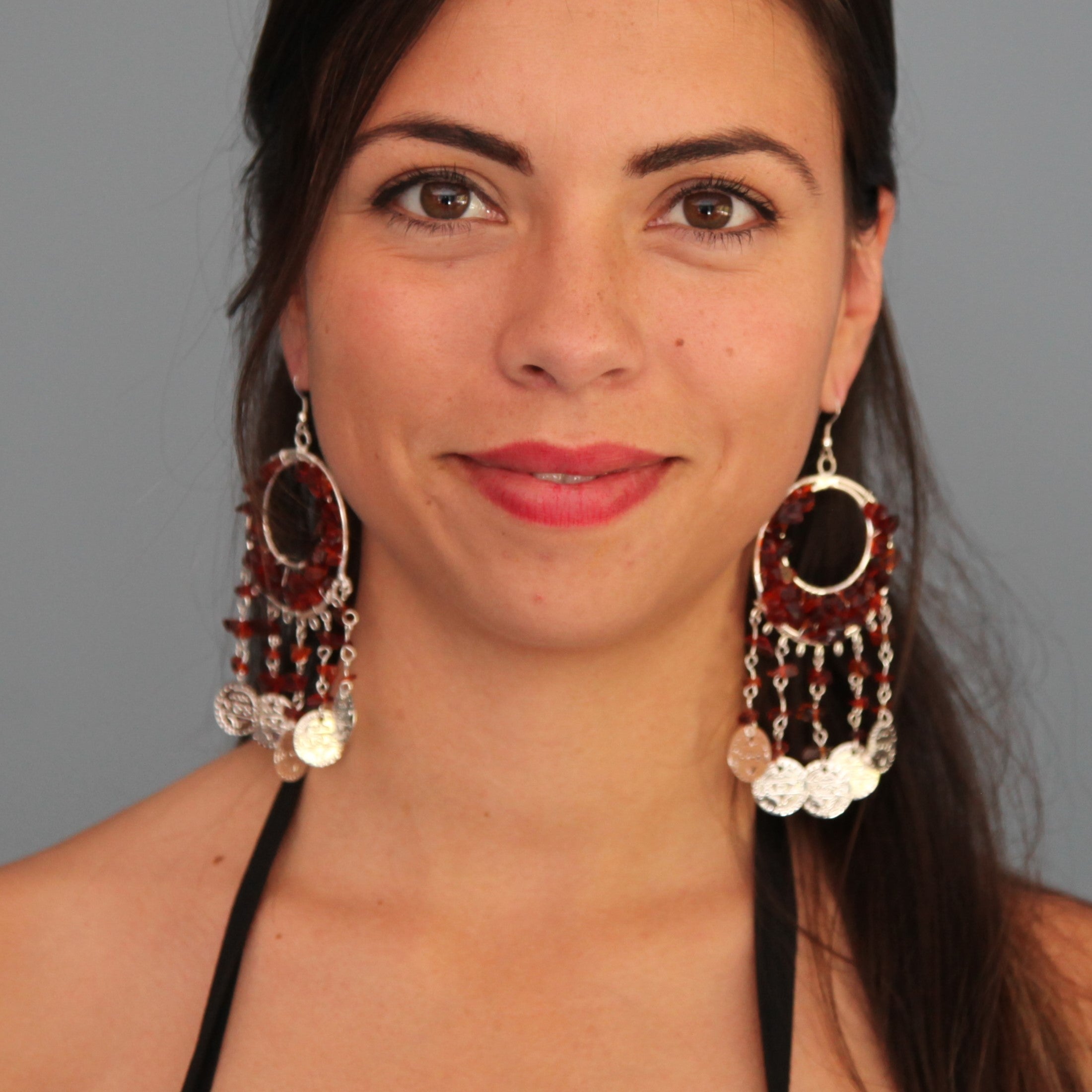 Stylish Double Hoop Metal Earrings with Rough - Cut Colored Beads & Dangling Coin Accents - Eclectic & Chic Design