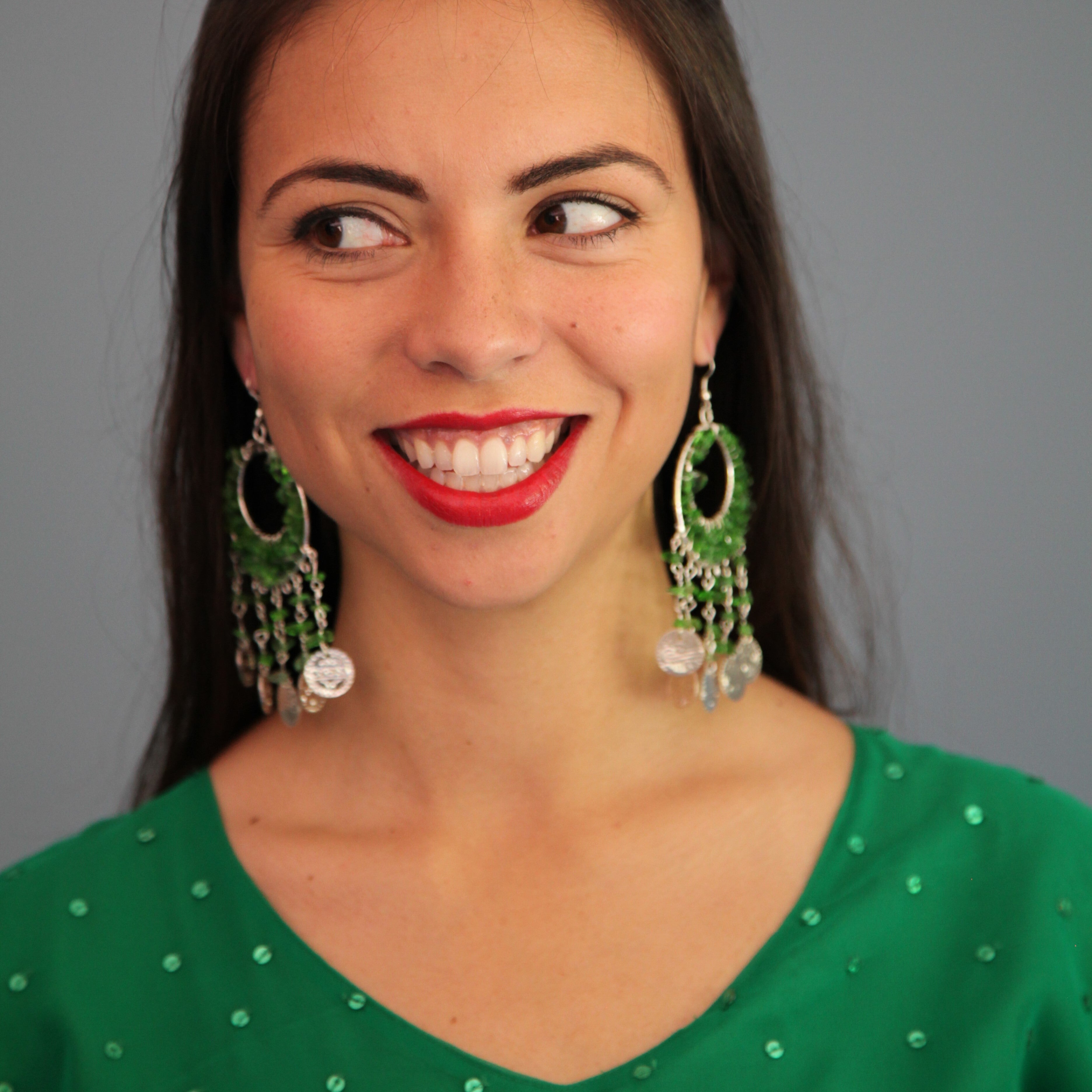 Stylish Double Hoop Metal Earrings with Rough - Cut Colored Beads & Dangling Coin Accents - Eclectic & Chic Design
