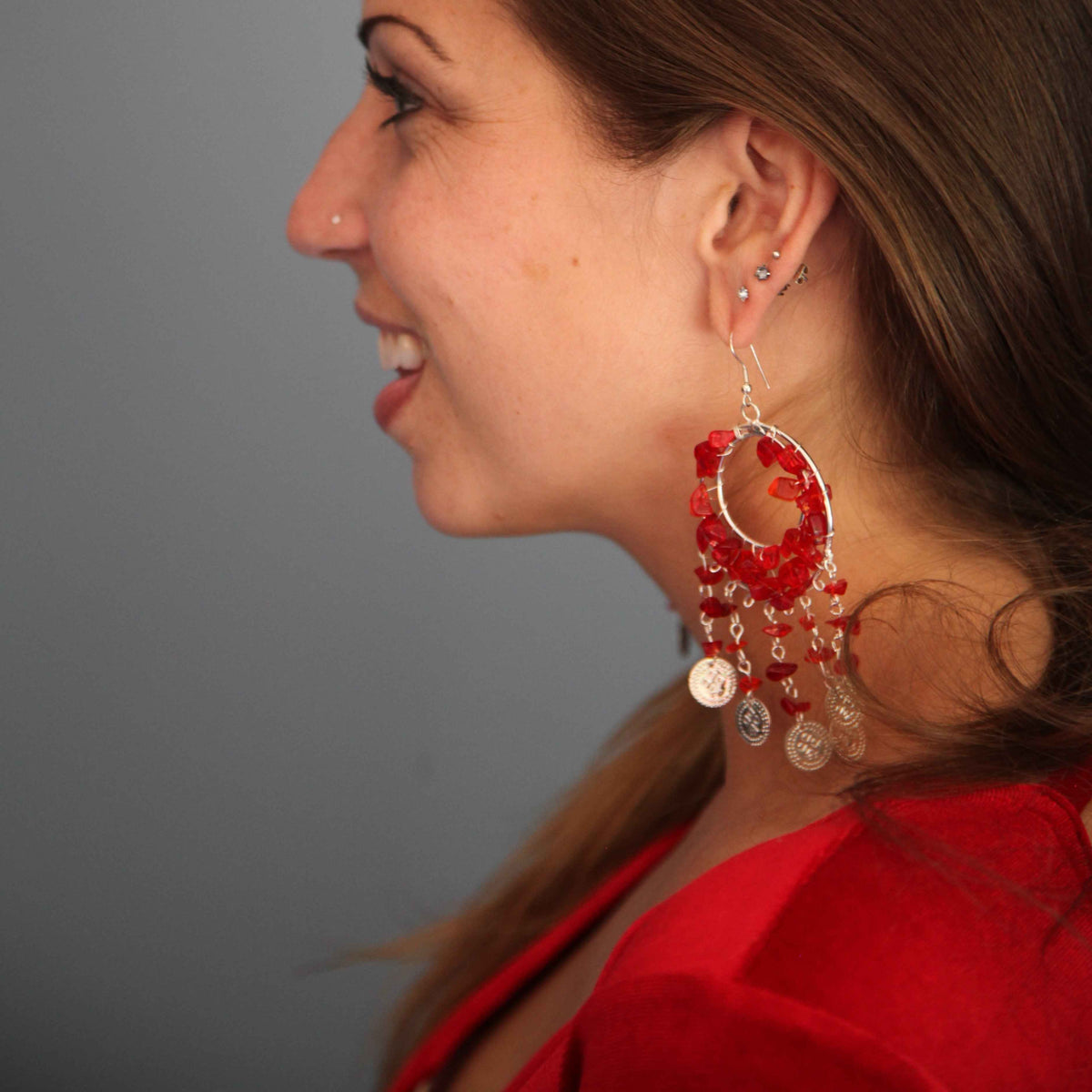 Stylish Double Hoop Metal Earrings with Rough-Cut Colored Beads & Dangling Coin Accents - Eclectic & Chic Design