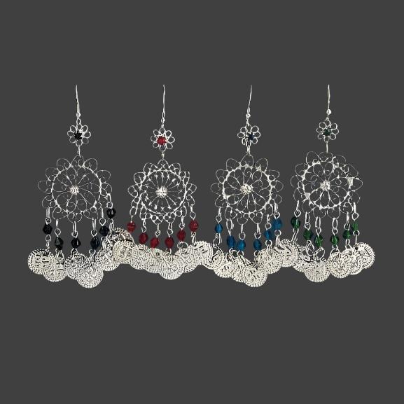 Traditional White Metal Filigree Chandelier Earrings with Colorful Beads - Elegant Handcrafted Jewelry - Apparel & Accessory