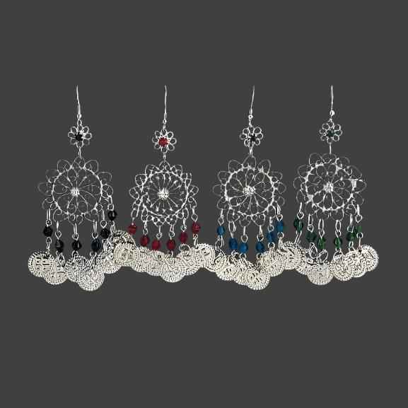 Traditional White Metal Filigree Chandelier Earrings with Colorful Beads - Elegant Handcrafted Jewelry