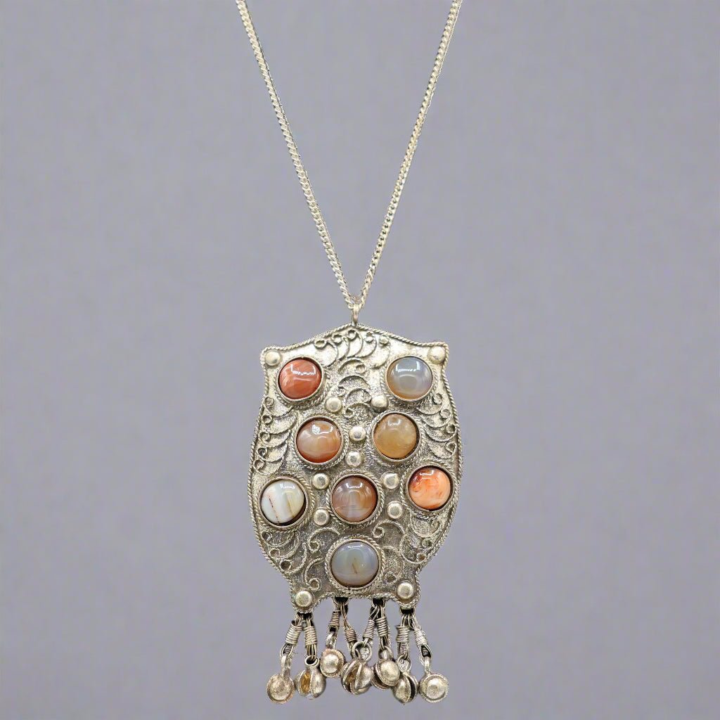 Vintage Antique Silver Owl Necklace with Agate Stones and Jingly Bells (Front) - Apparel & Accessories > Jewelry > Necklaces
