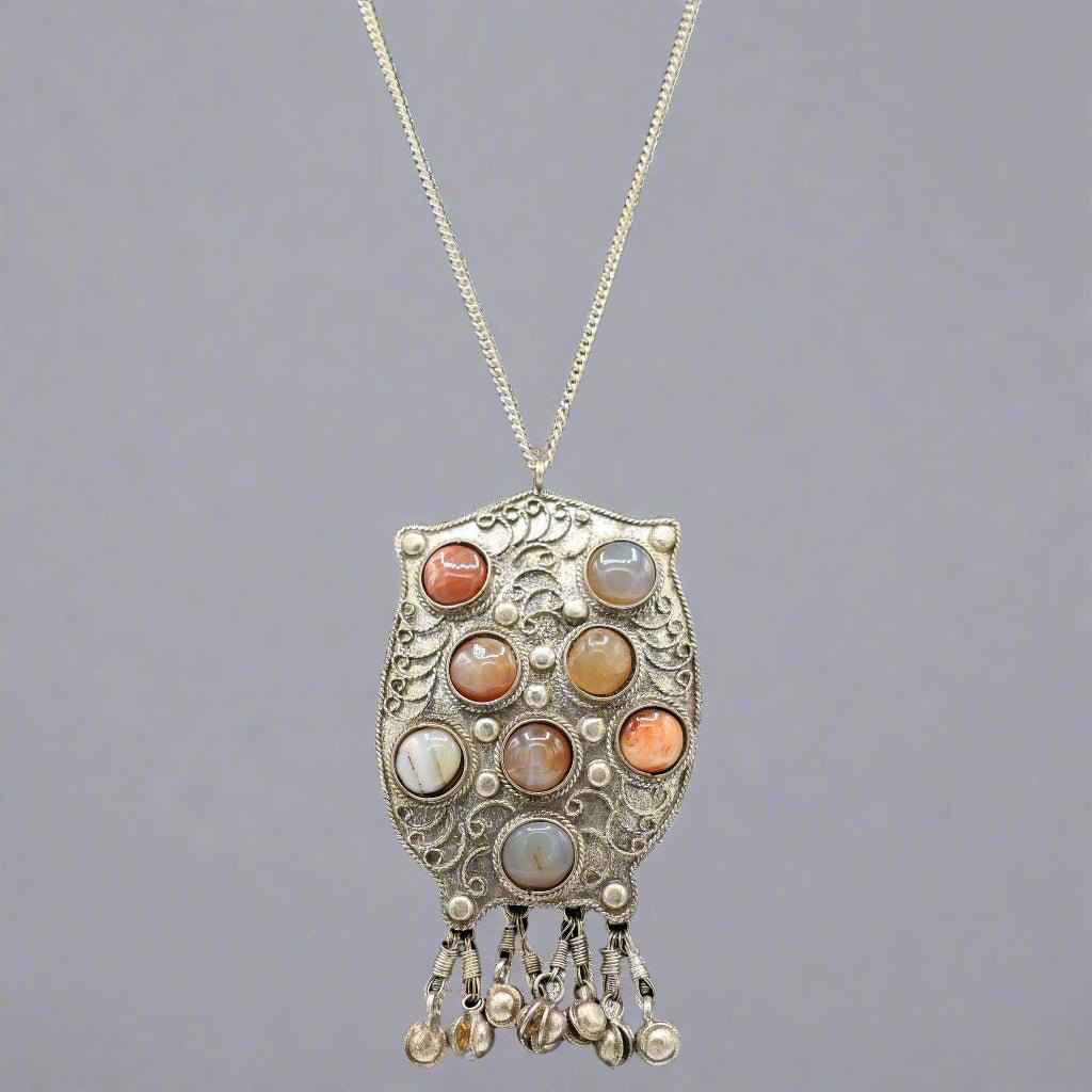 Vintage Antique Silver Owl Necklace with Agate Stones and Jingly Bells