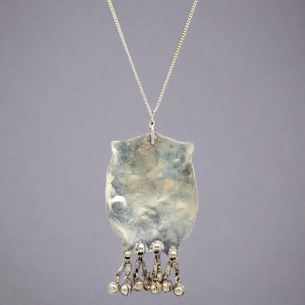 Vintage Antique Silver Owl Necklace with Agate Stones and Jingly Bells (Back) - Apparel & Accessories > Jewelry > Necklaces