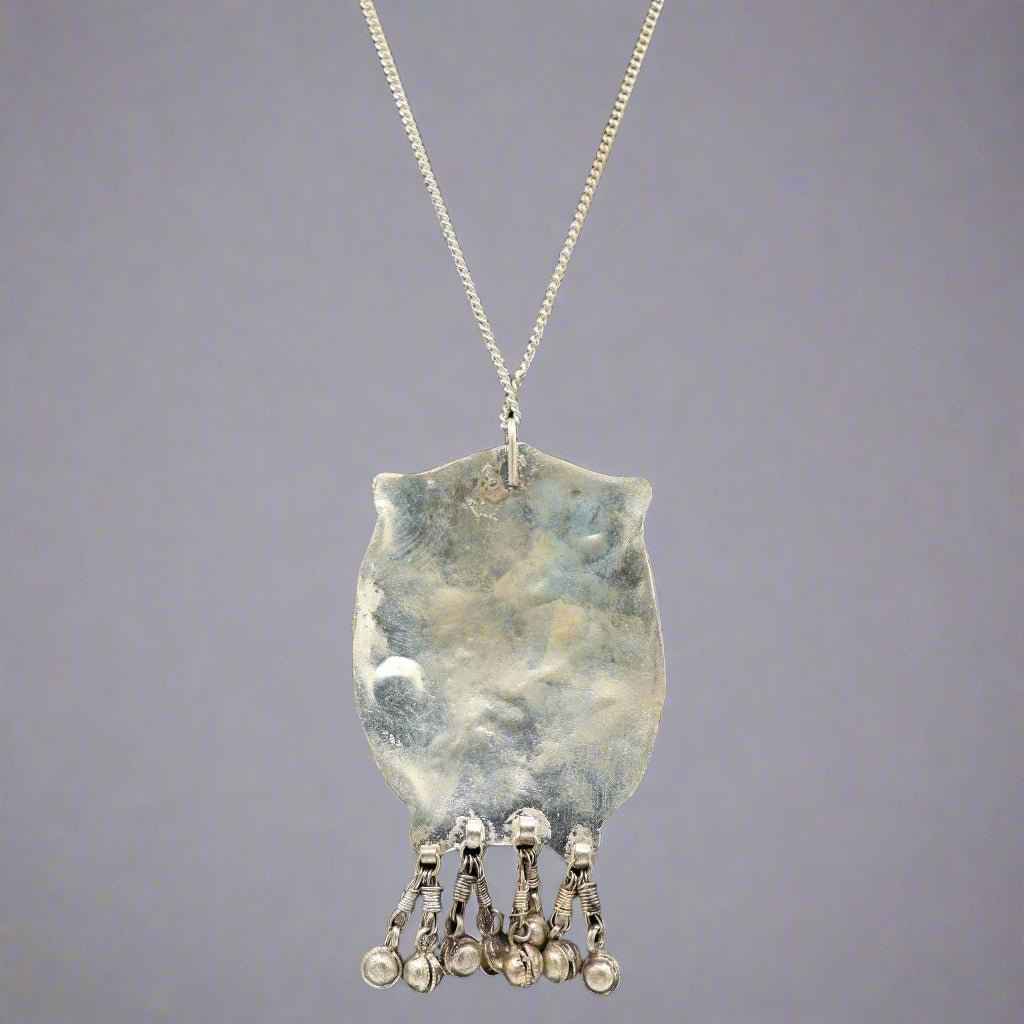Vintage Antique Silver Owl Necklace with Agate Stones and Jingly Bells