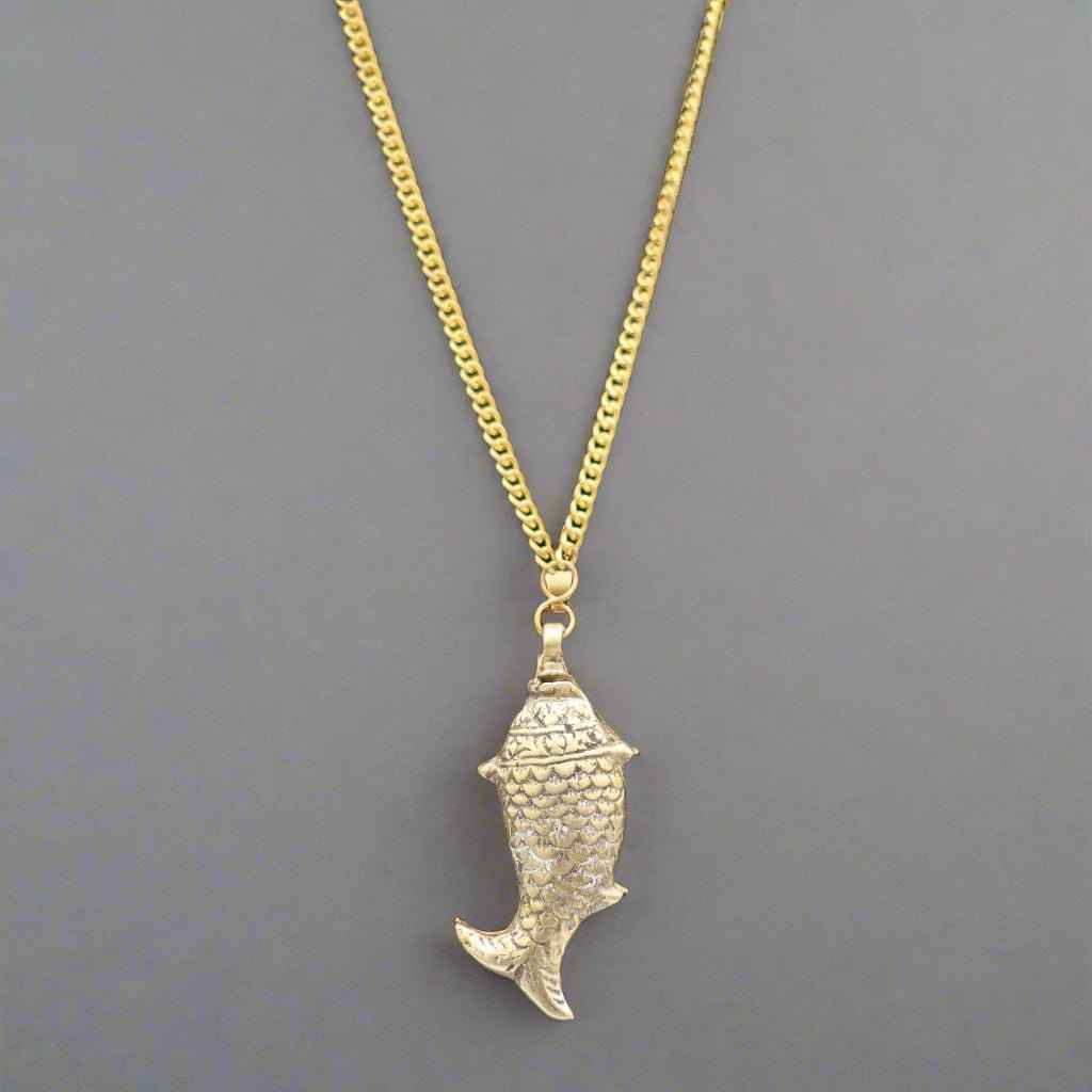 Vintage Brass Embossed Fish Necklace