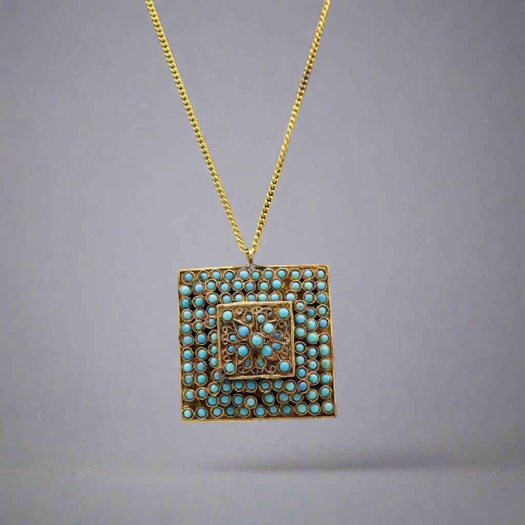 Vintage Square Pendant Necklace with Turquoise Inlay