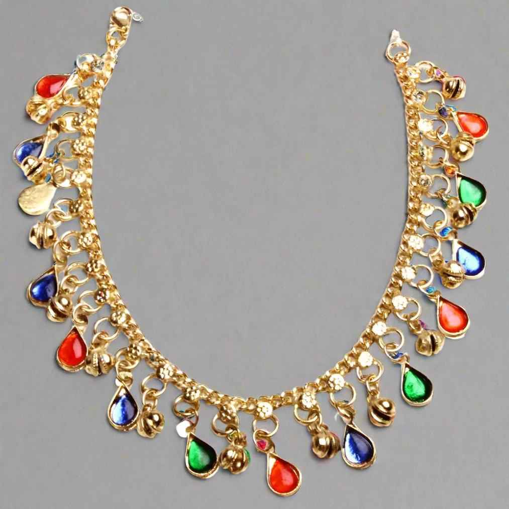 White Metal Anklet with Multi-Color Beads - Vibrant & Playful Design