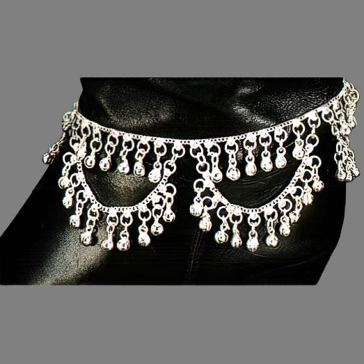 White Metal Boot Anklet with Loops of Bells - Edgy & Distinctive Accessory - Apparel & Accessories > Jewelry > Anklets
